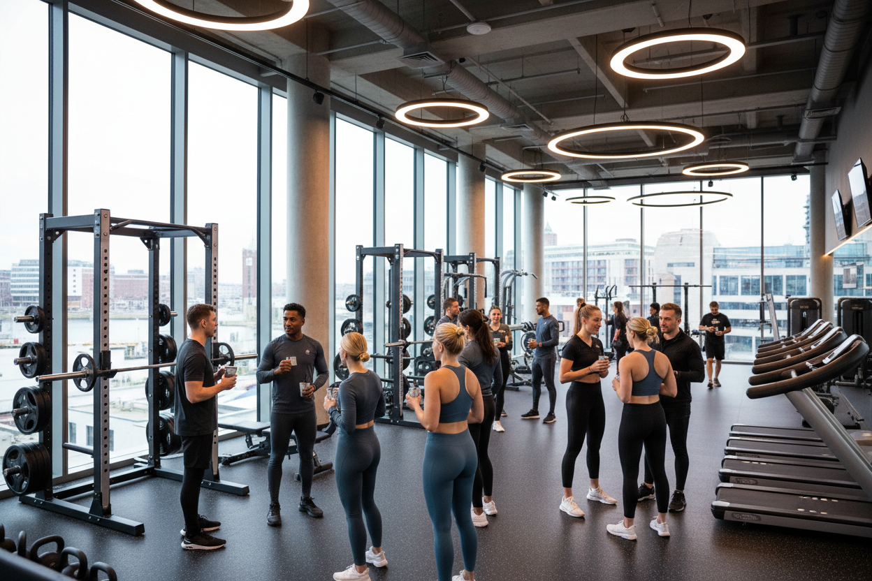 A big event photo (athlete meetup) in fitness club in hamburg (no brands or logos)